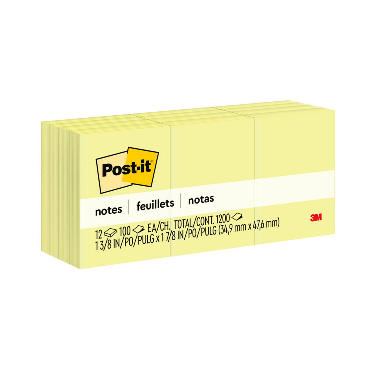 3M Post-it Mini Notes، 1 3/8 × 1 7/8 بوصة، 12 وسادة، أصفر كناري، 100 ورقة/وسادة، 12 وسادة/عبوة