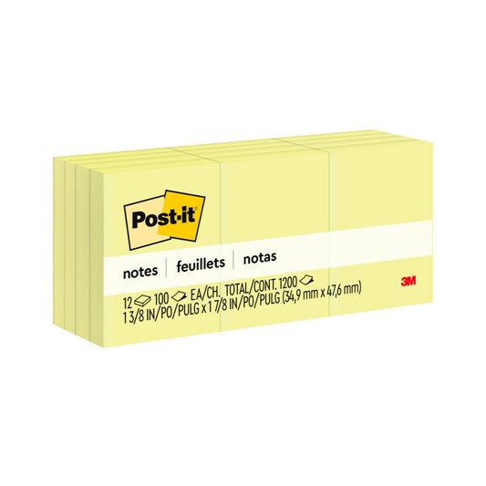 3M Post-it Mini Notes, 1 3/8 x 1 7/8 in, 12 Pads, Canary Yellow,100 Sheet/Pad, 12 Pads/Pack