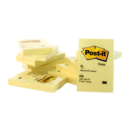 3M Post-it® Notes Canary Yellow 656. 2 x 3 in (51 mm x 76 mm), 100 sheets/pad, 12 pads/Pack Dozen