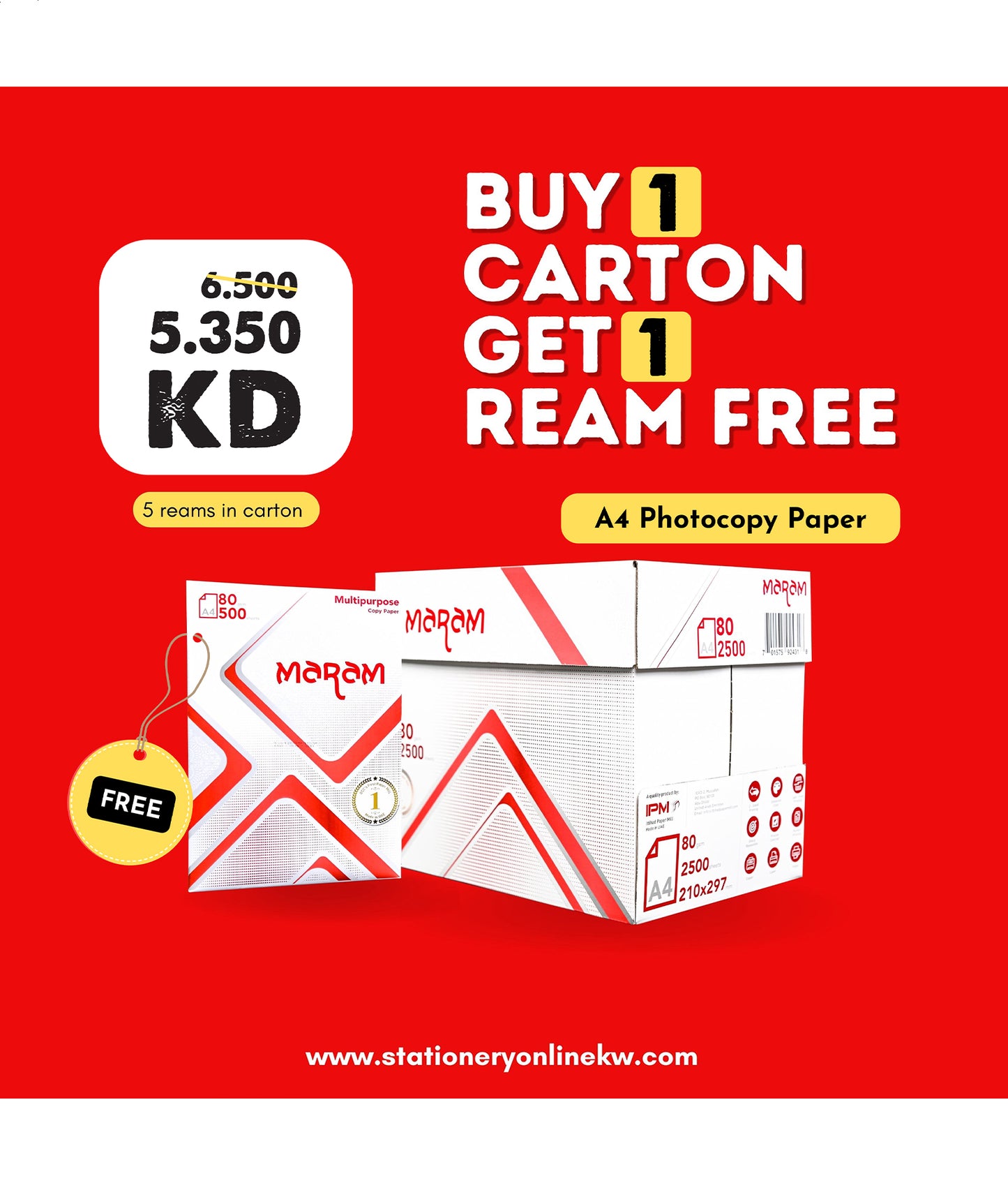 Maram Photocopy A4 Paper Carton with 1 Ream FREE