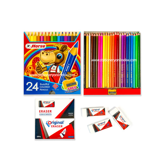 HORSE 24 Color Pencils Set with Eraser Pack