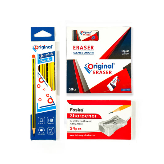ORIGINAL Graphite Pencil Pkt + ORIGINAL Eraser Pkt +  FOSKA Sharpener  Pkt