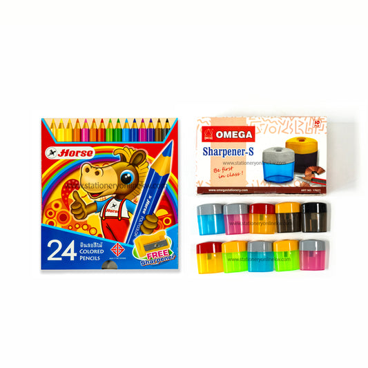 HORSE  24 Color Pencil With Sharpener  with Omega Sharpener Pkt of 10 Pcs