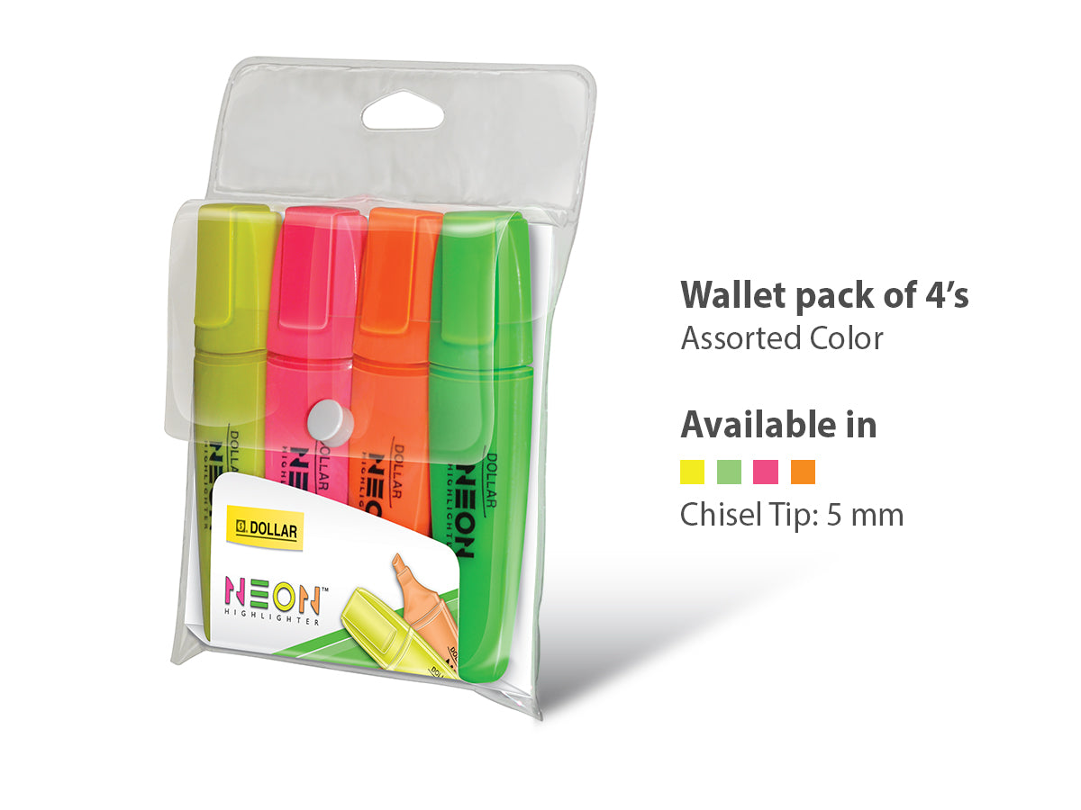 Dollar Neon™ Highlighter HL-625 Available in Pack of 4's, 6's, 15's & 30's Assorted Color