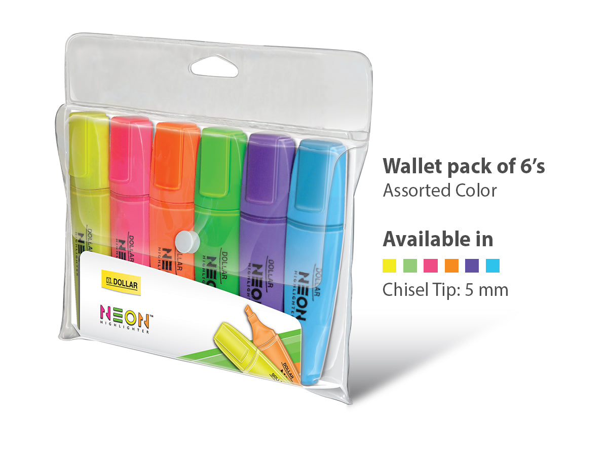 Dollar Neon™ Highlighter HL-625 Available in Pack of 4's, 6's, 15's & 30's Assorted Color
