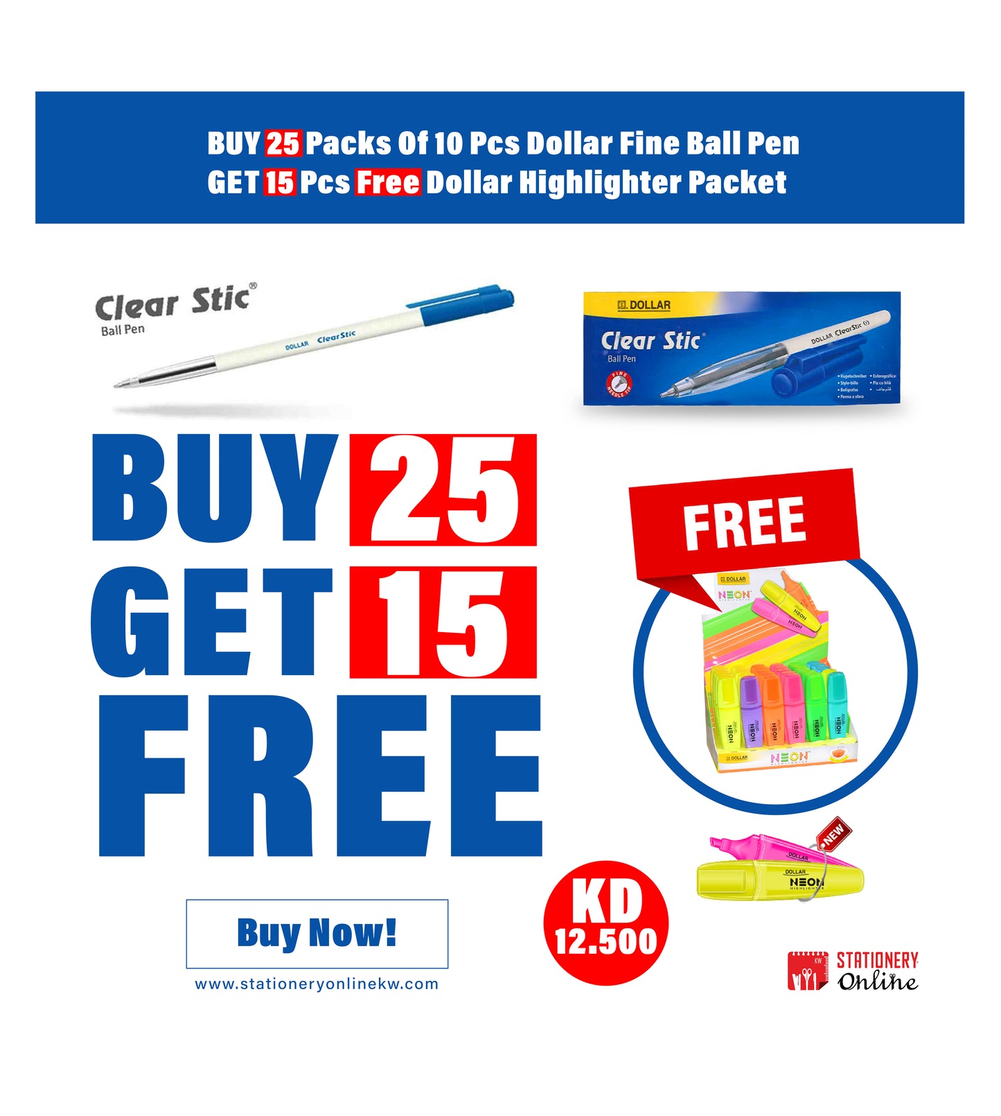 قلم حبر جاف من Dollar® Clear Stic® F مقاس 0.7 مم عبوة من 10 أقلام × 50 قلم تمييز مجاني HL-625 عبوة من 30 قلمًا وقلم حبر جاف من Dollar® Clear Stic® F مقاس 0.7 مم عبوة من 10 أقلام × 25 قلم تمييز مجاني HL-625 عبوة من 15 قلمًا