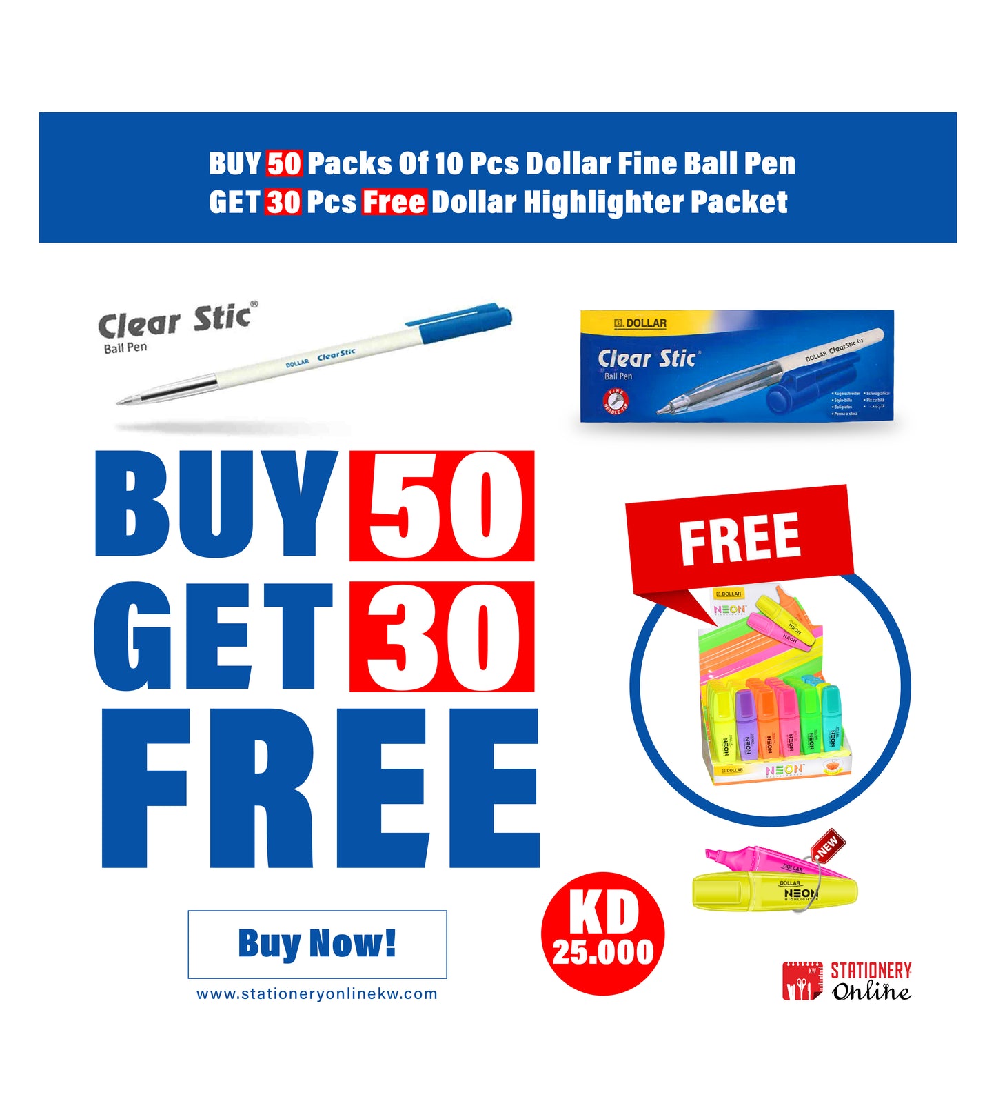 قلم حبر جاف من Dollar® Clear Stic® F مقاس 0.7 مم عبوة من 10 أقلام × 50 قلم تمييز مجاني HL-625 عبوة من 30 قلمًا وقلم حبر جاف من Dollar® Clear Stic® F مقاس 0.7 مم عبوة من 10 أقلام × 25 قلم تمييز مجاني HL-625 عبوة من 15 قلمًا