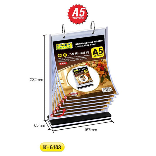 K-6103 Advertising Board with Loose Leaves/Menu Stand(A5V)-6 Pages