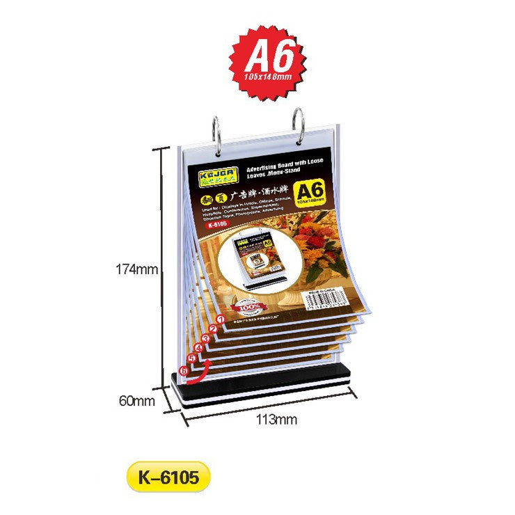 K-6105 Advertising Board with Loose Leaves/Menu Stand(A6V)-6 Pages