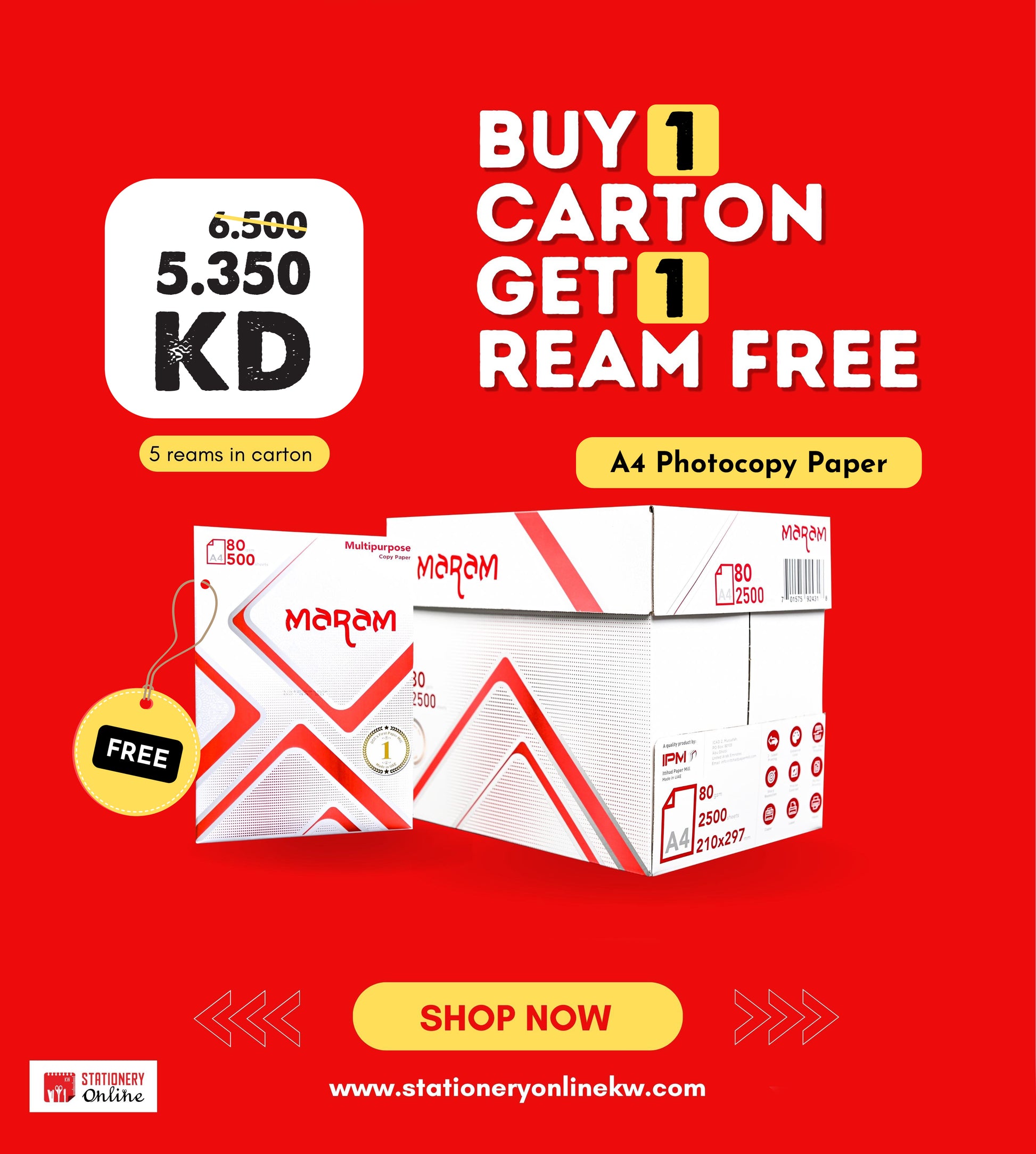 Maram Photocopy A4 Paper Carton with 1 Ream FREE Stationery Online KW