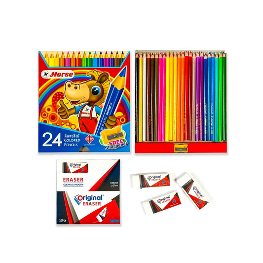 HORSE 24 Color Pencils Set with Eraser Pack